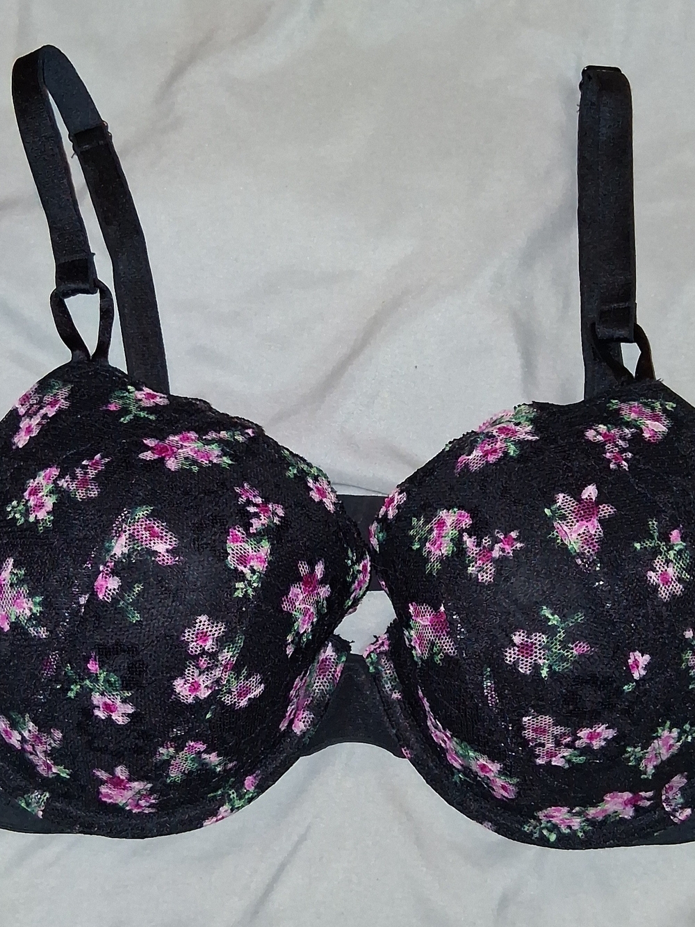 Victoria's Secret Black Floral Lace Push-Up Bra with Pink & Green Accents